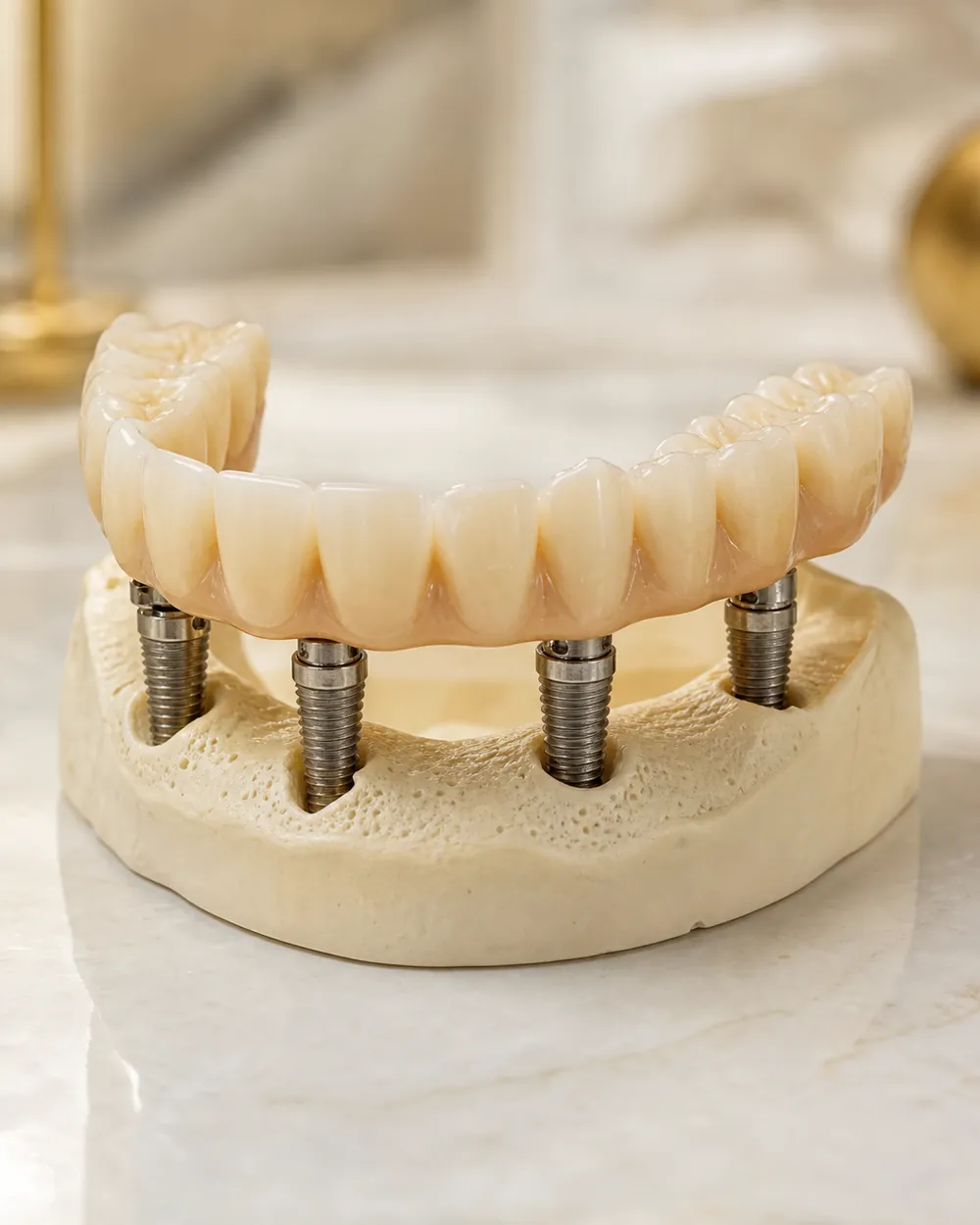 A full-arch All-on-4 implant model that replaces a whole row of teeth