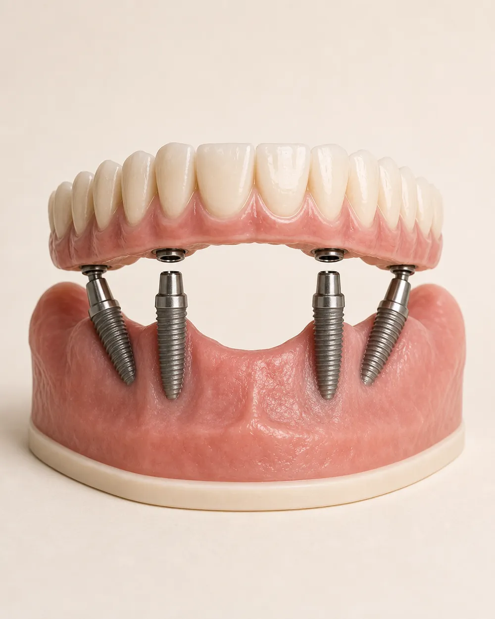 A full-arch All-on-4 implant model resting on a clean surface