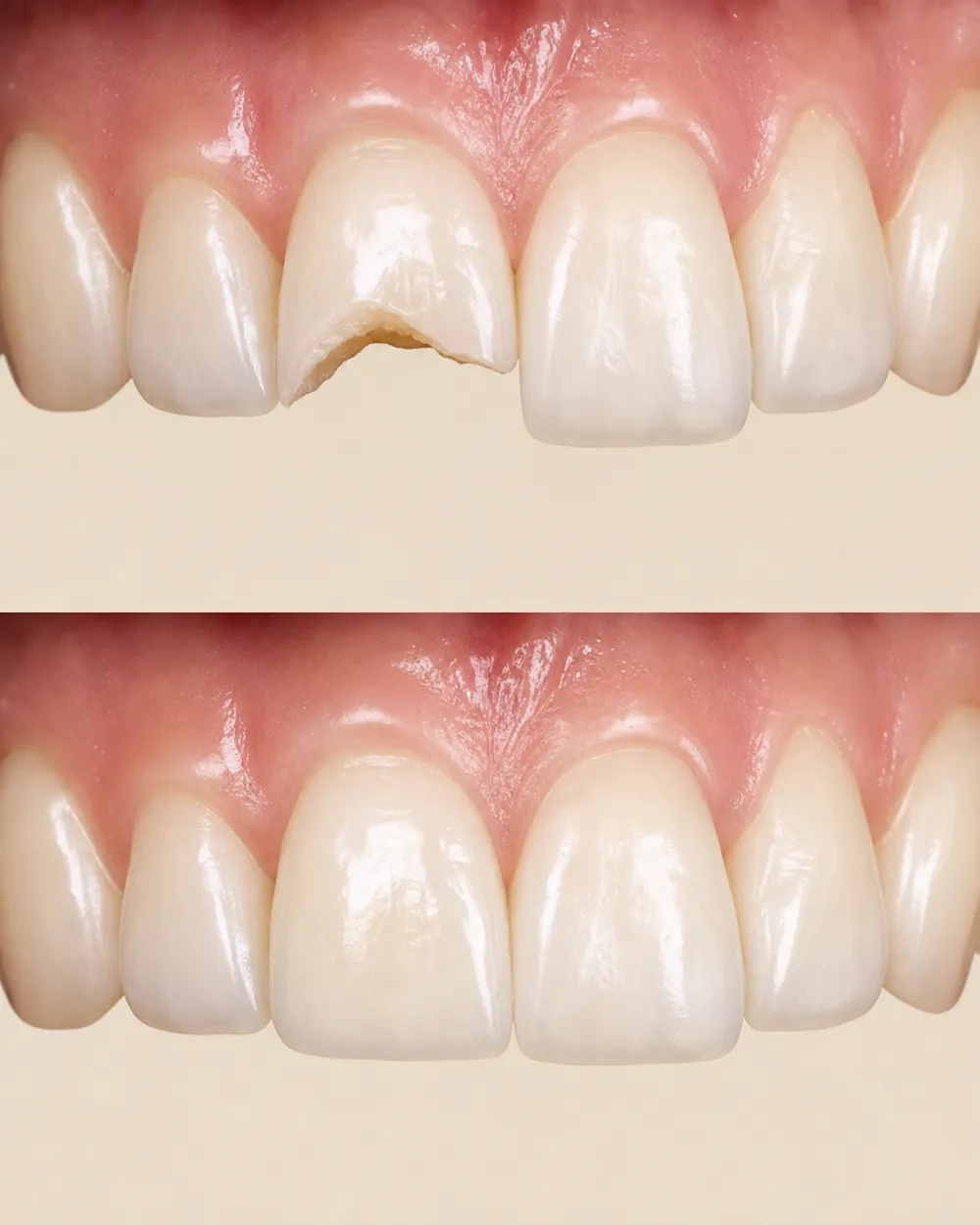 Illustration of a broken front tooth restored with a natural-looking dental crown