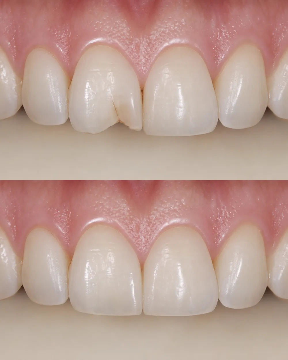 Illustration of how a dental crown restores a cracked, discolored front tooth