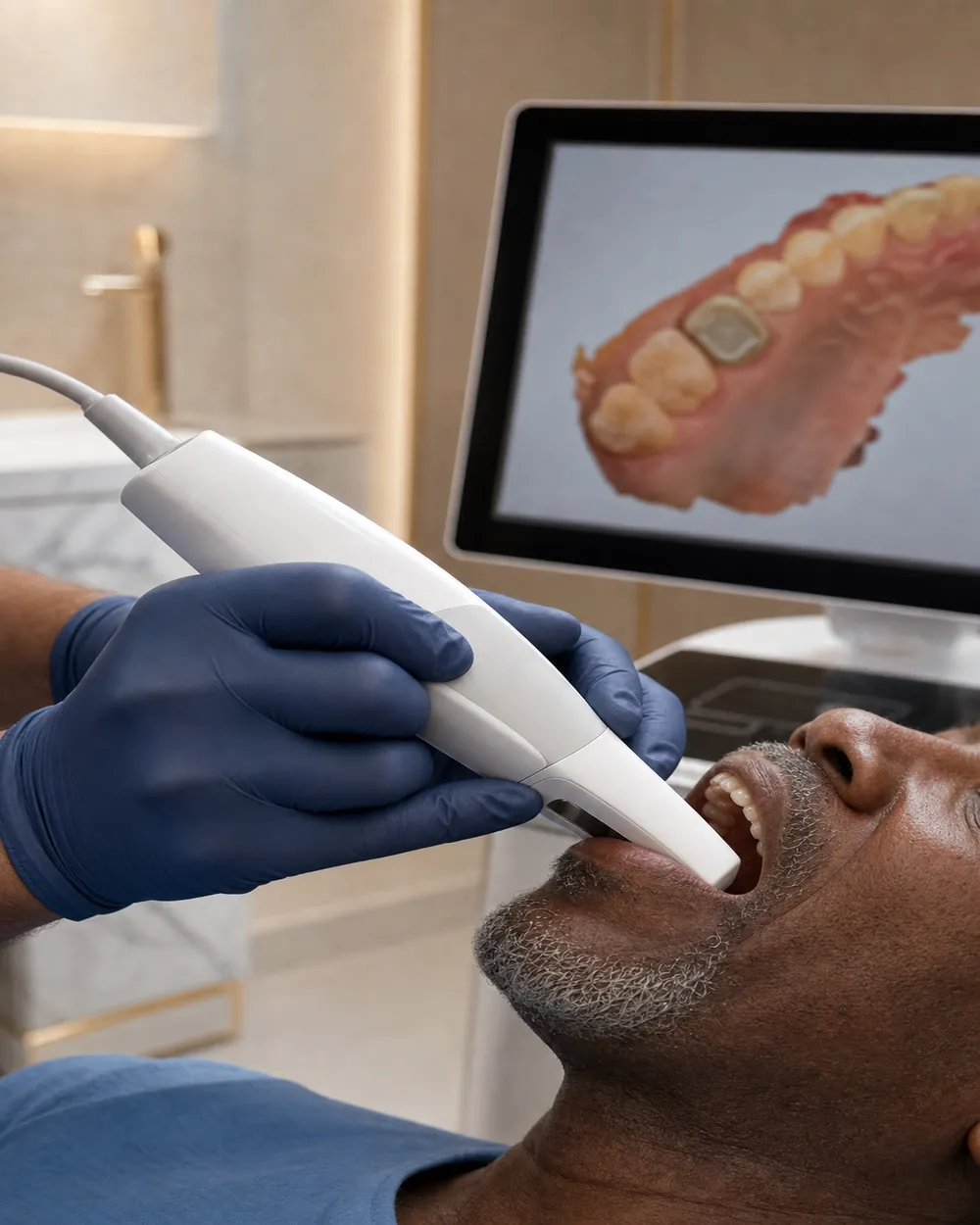 Dentist taking a digital scan to fit a dental crown