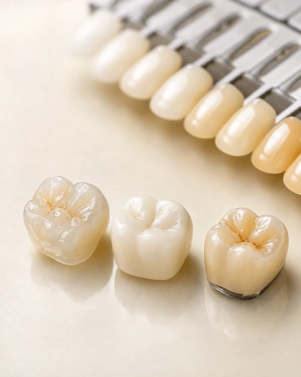 Zirconia and porcelain dental crowns beside a tooth shade guide
