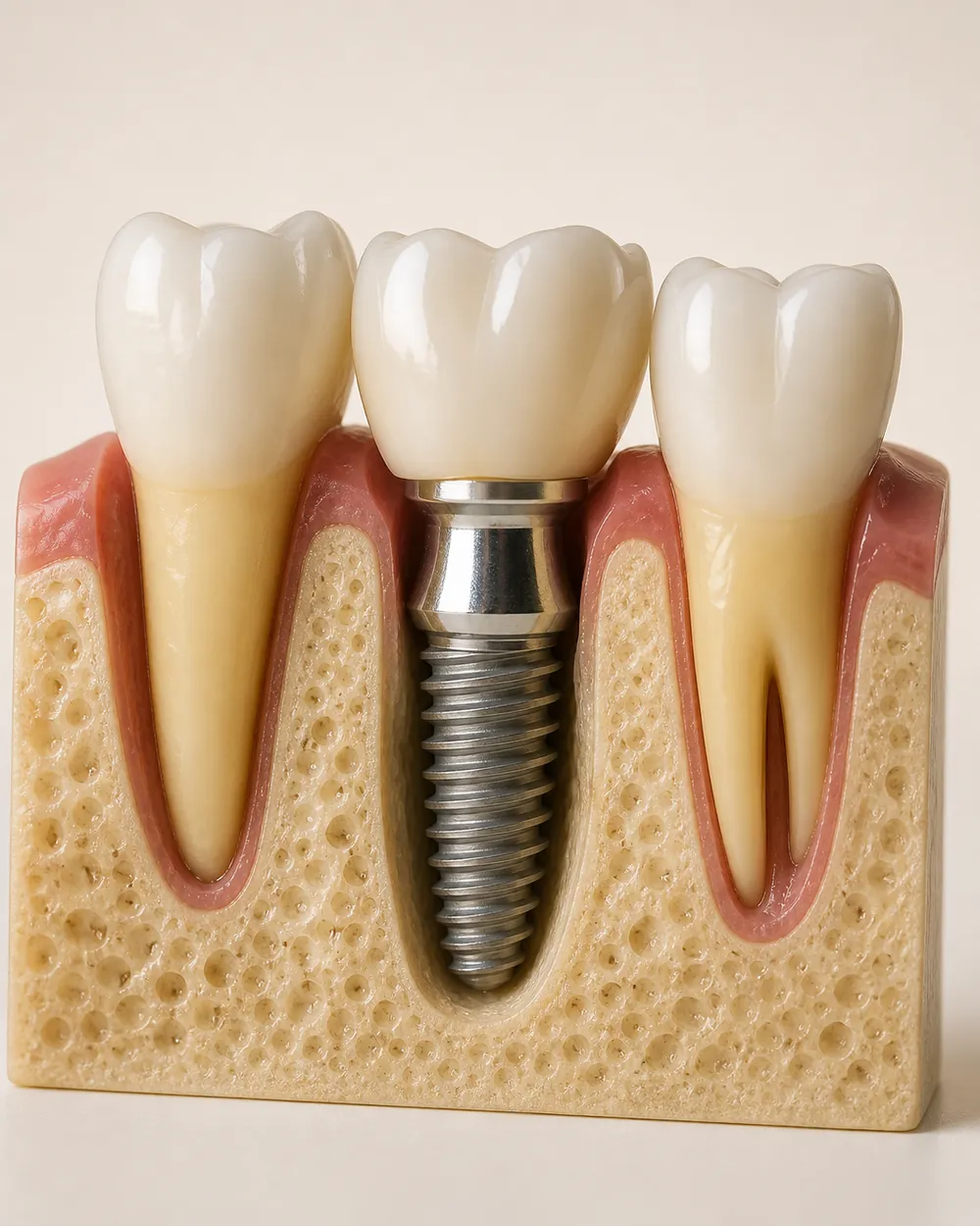 A dental implant model showing the titanium post anchored in the jawbone