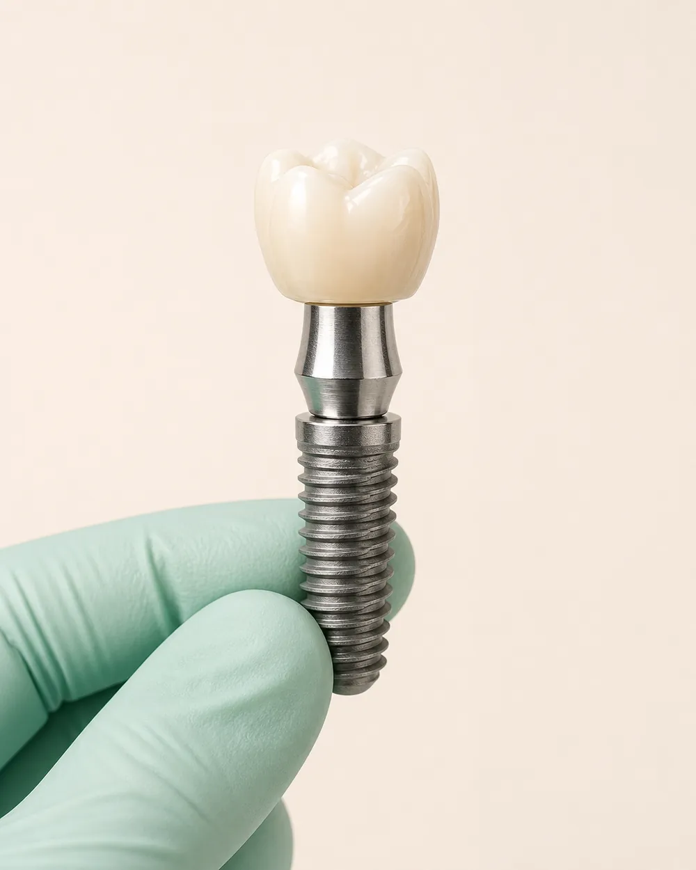 A dental implant model showing the post, abutment and crown