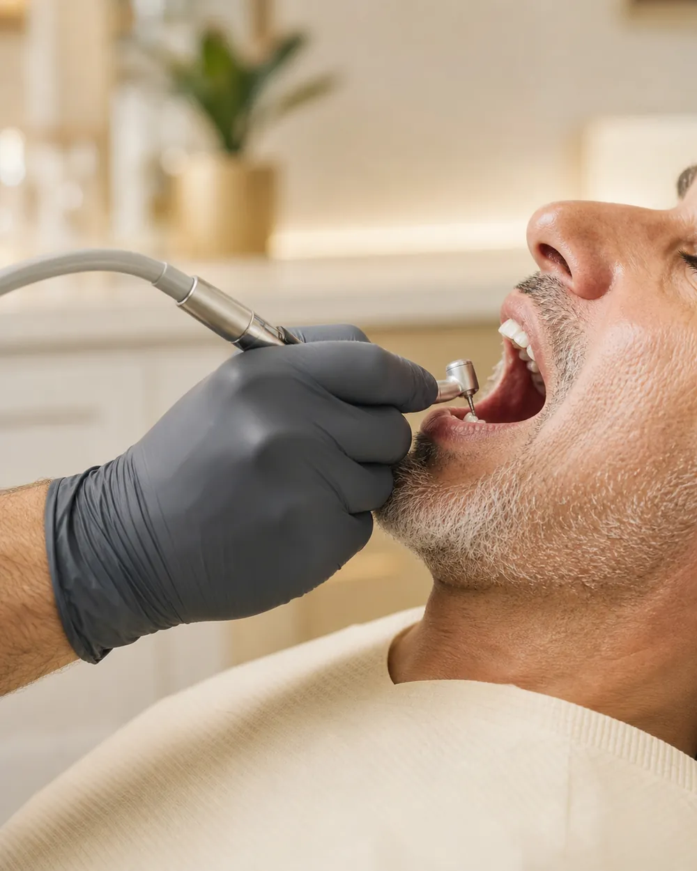 Dentist placing a dental implant during a calm, gentle procedure