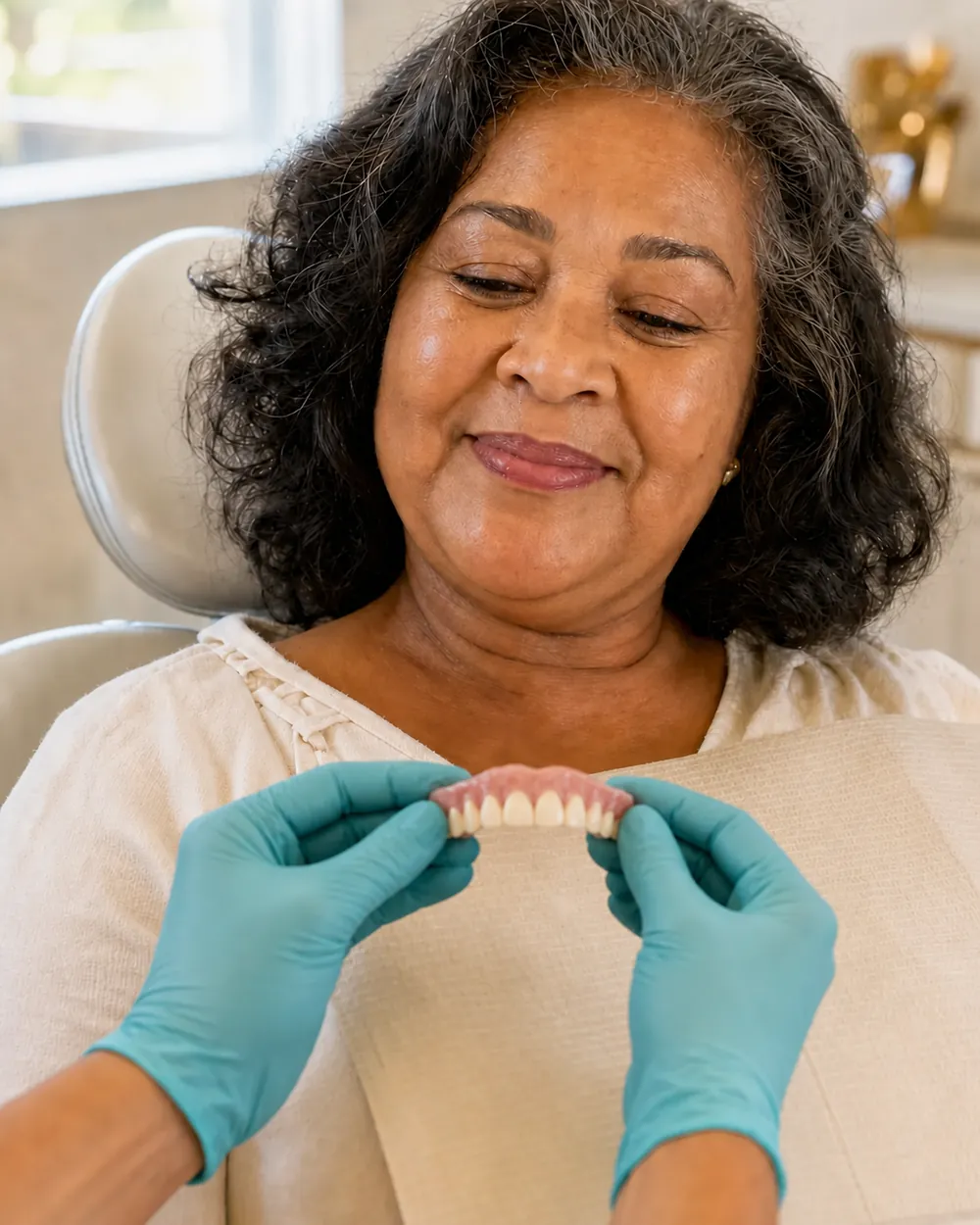 Dentist checking the fit of a new denture with a Brooklyn patient