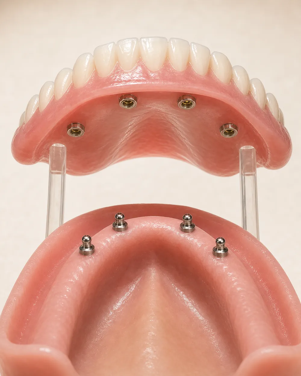 An implant-supported denture that snaps onto dental implants for a secure fit