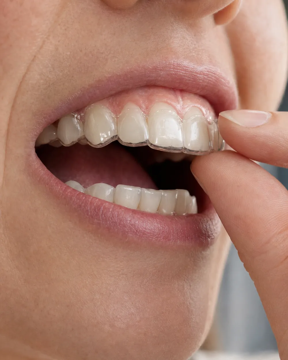 Patient placing a clear Invisalign aligner over the teeth