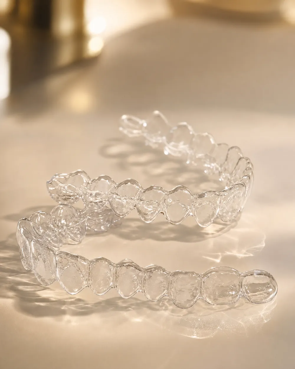 Clear Invisalign aligner trays on a soft ivory surface