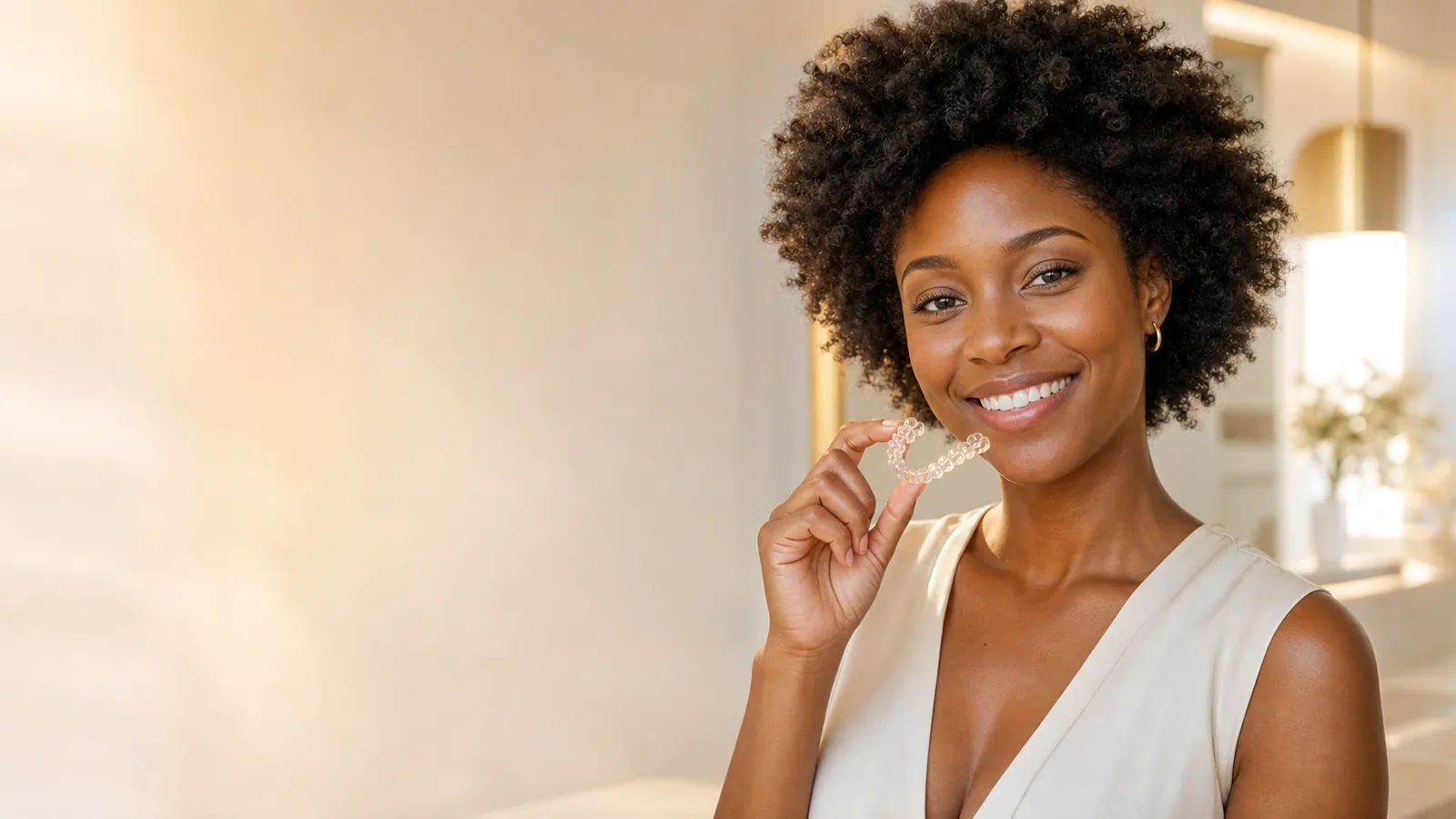 Invisalign cost Brooklyn, a patient holding a clear aligner and smiling