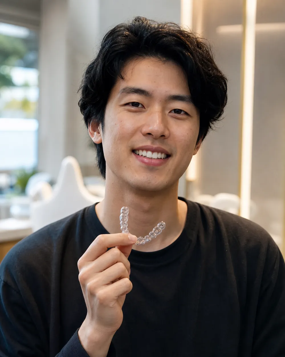 Young Brooklyn patient smiling while holding a clear aligner