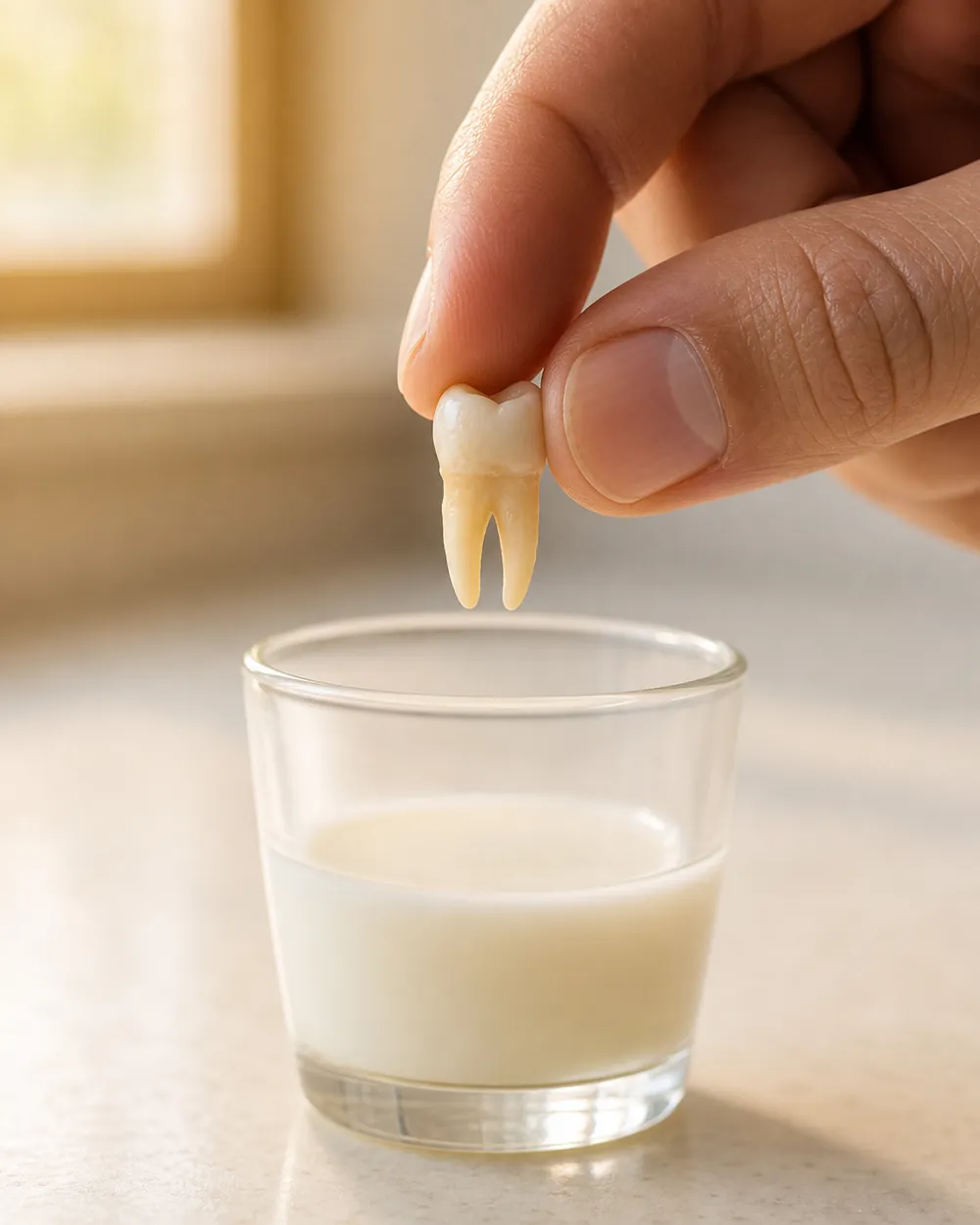 A knocked-out tooth held by the crown next to a glass of milk for first aid