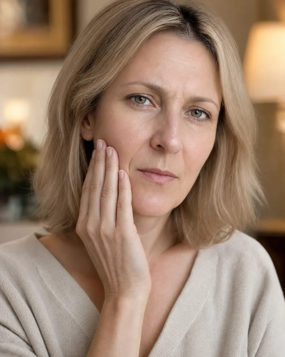 Brooklyn patient holding her cheek from the tooth pain that can signal a root canal