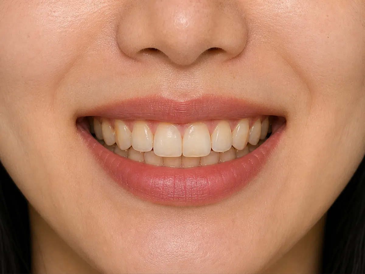 Porcelain veneers before: stained and misshapen front teeth