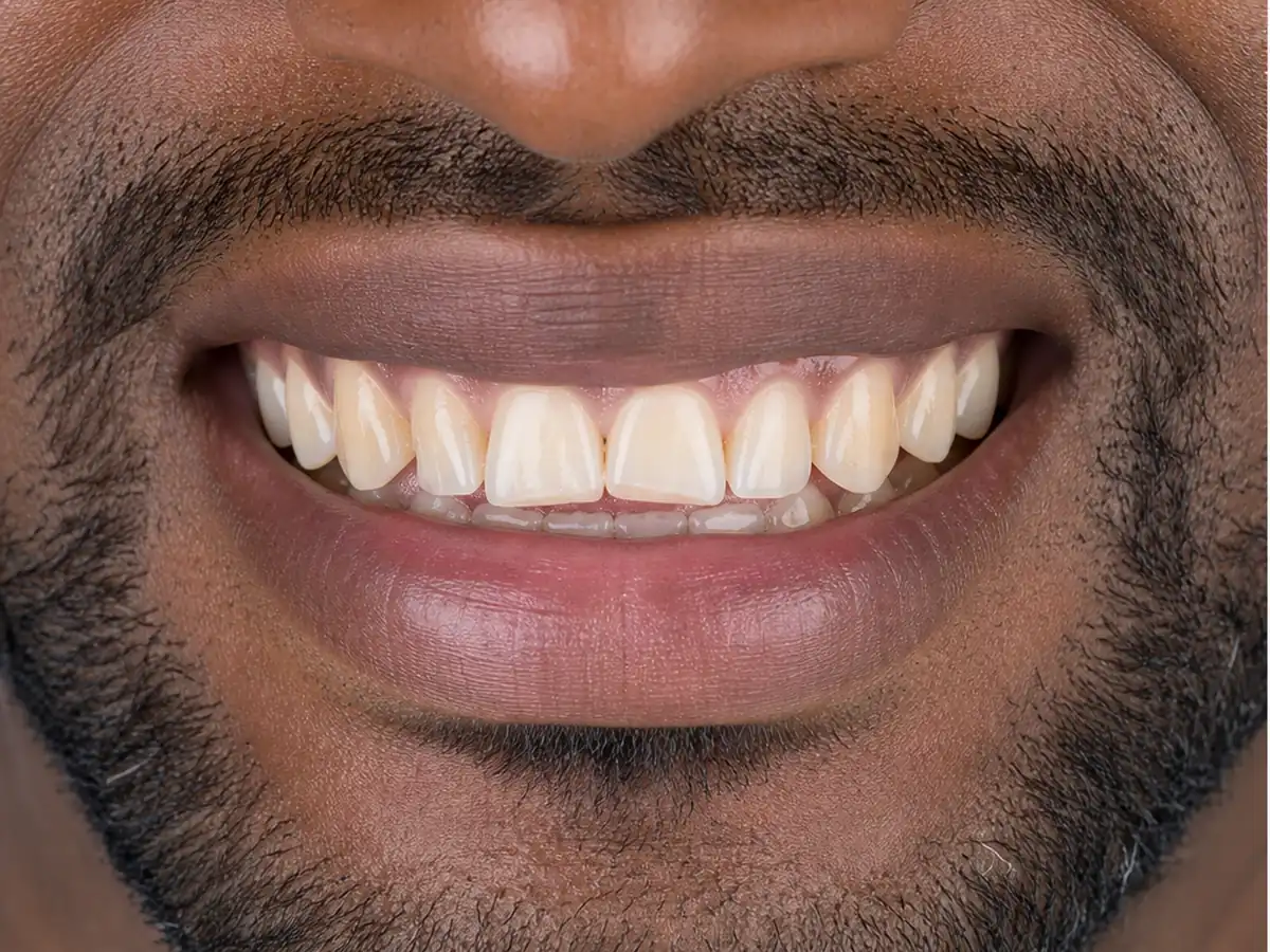 Invisalign and veneers before: crooked and worn front teeth