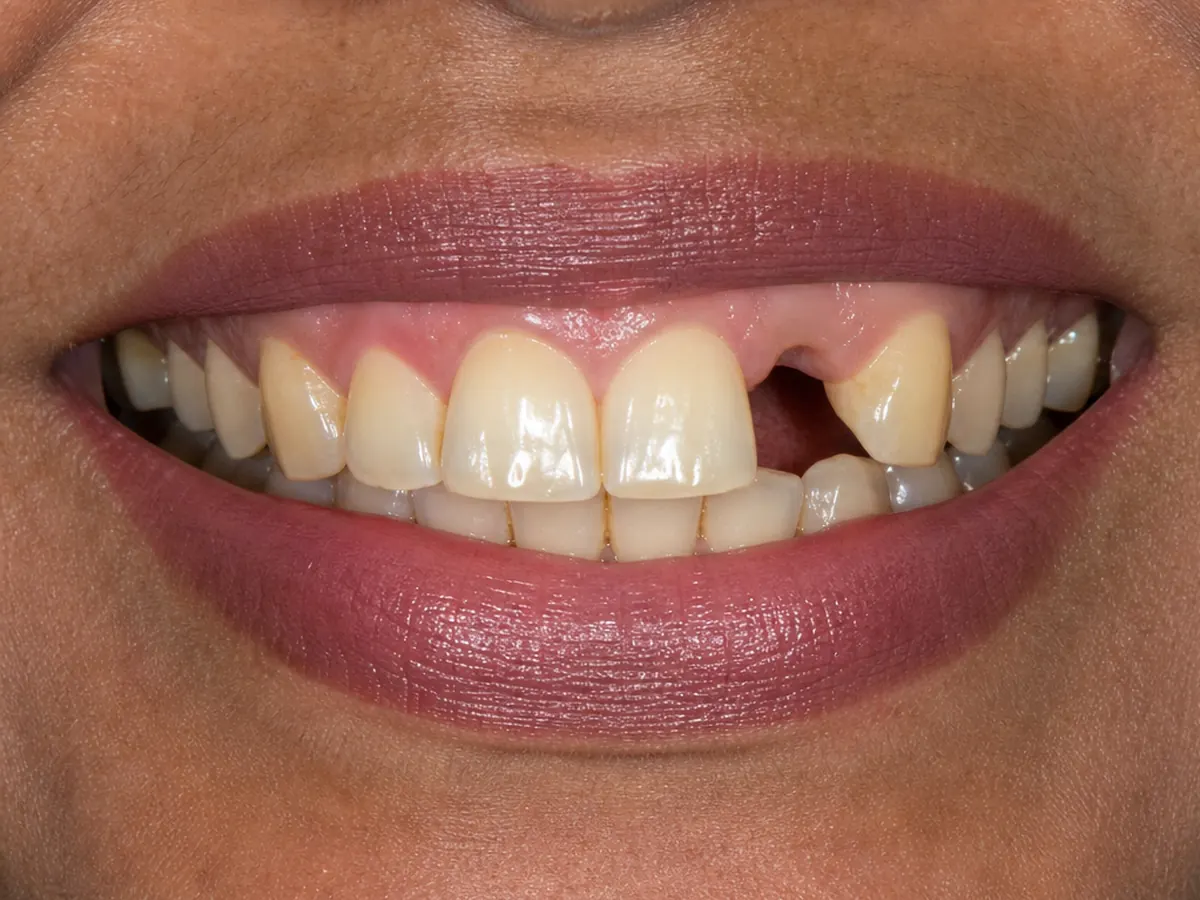 Single implant and crown before: a missing front tooth