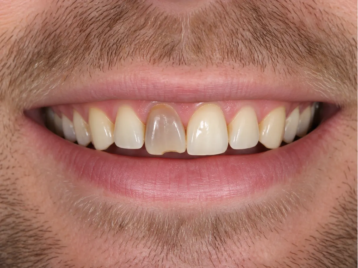 Root canal and crown before: a darkened, damaged front tooth