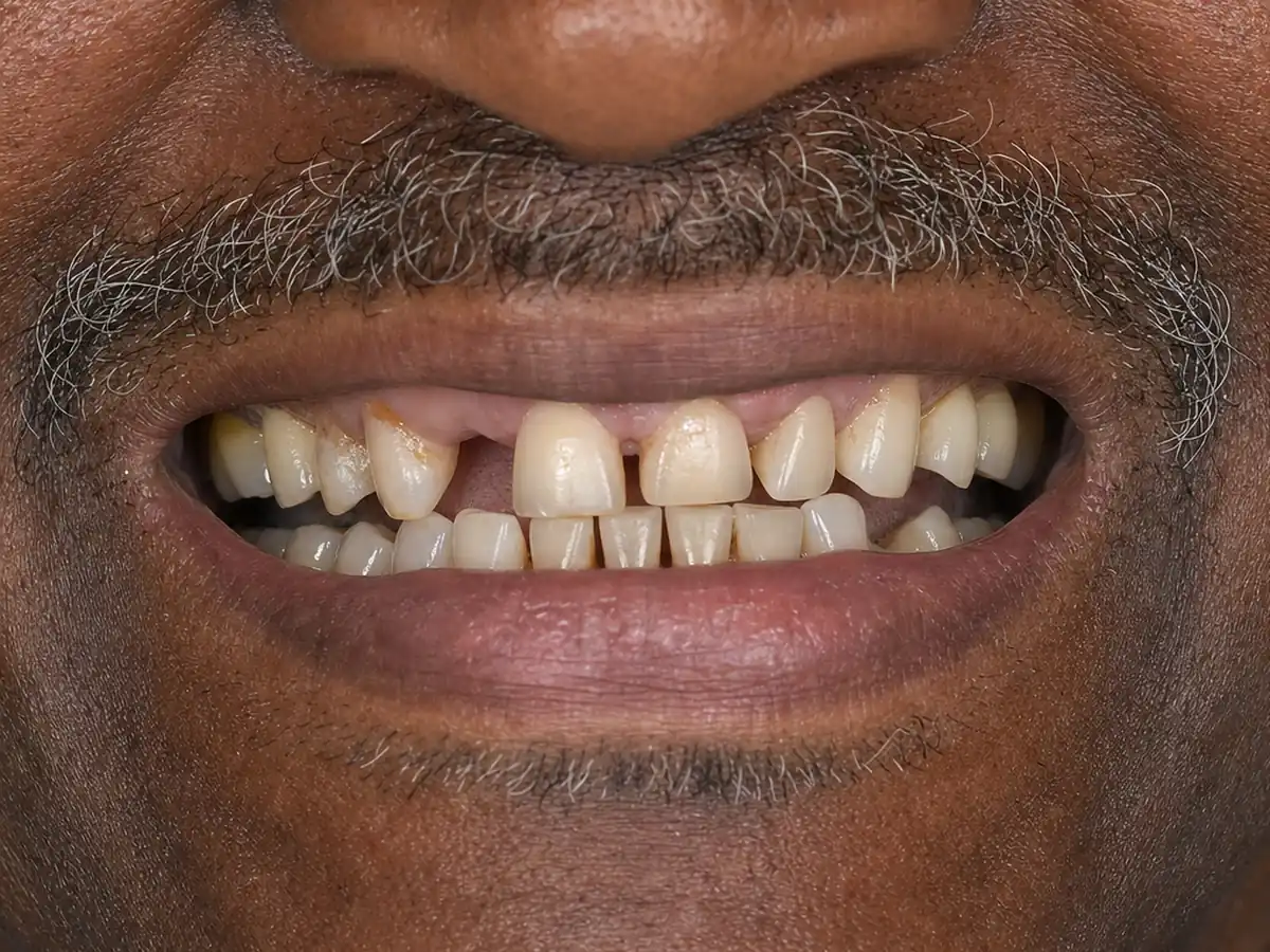 Full-arch implants before: failing and missing upper teeth