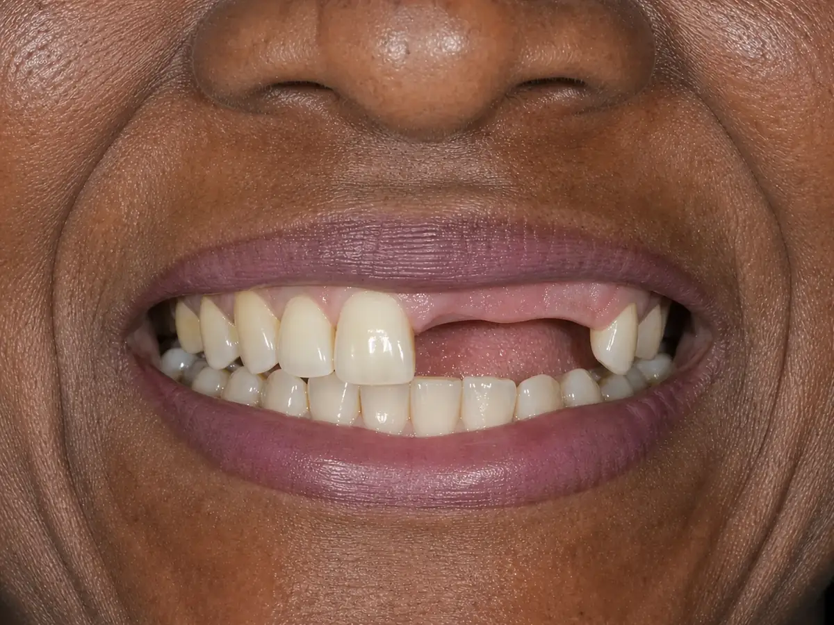 Implant-supported bridge before: missing upper teeth