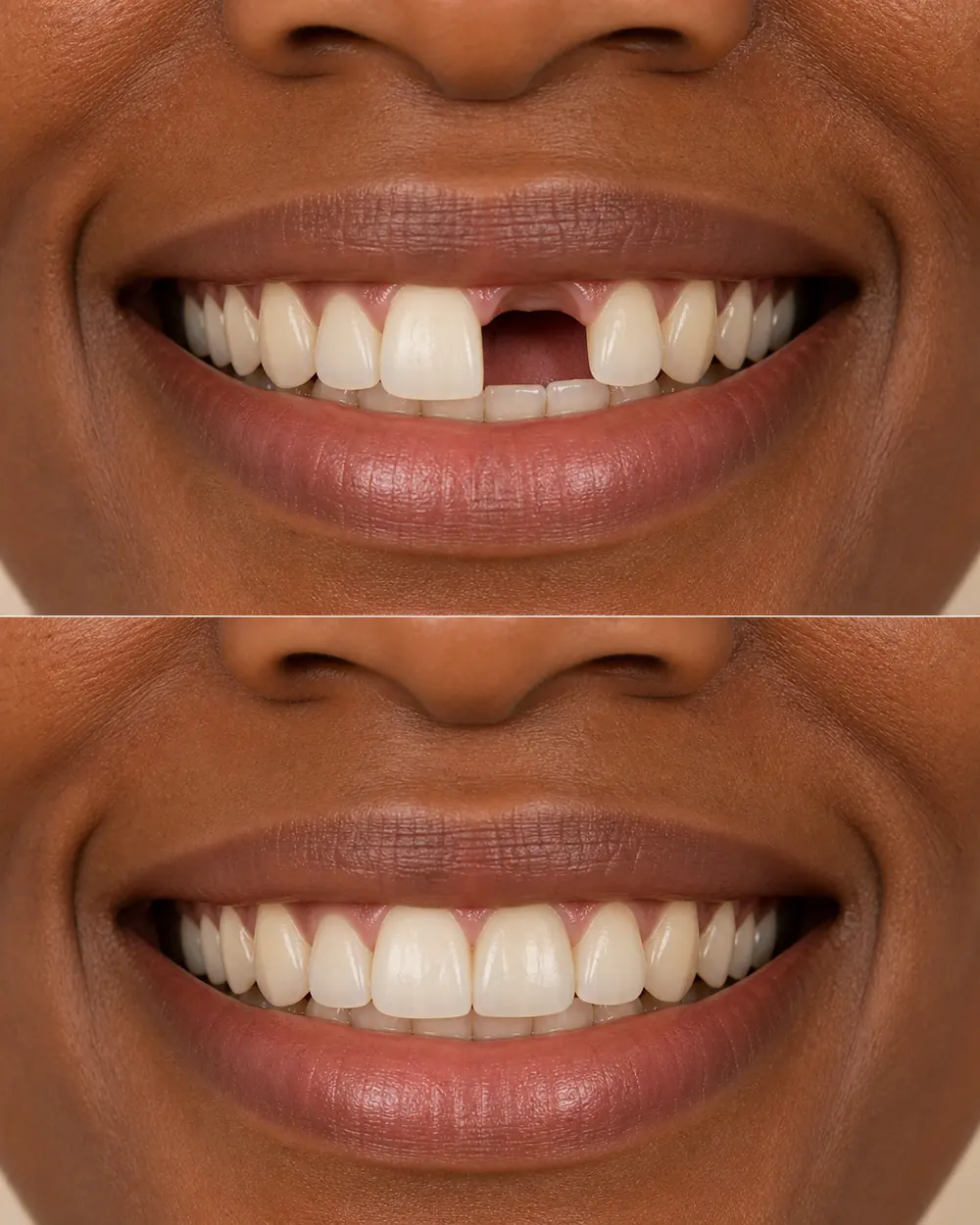 Illustration of a missing front tooth replaced with a natural-looking dental implant