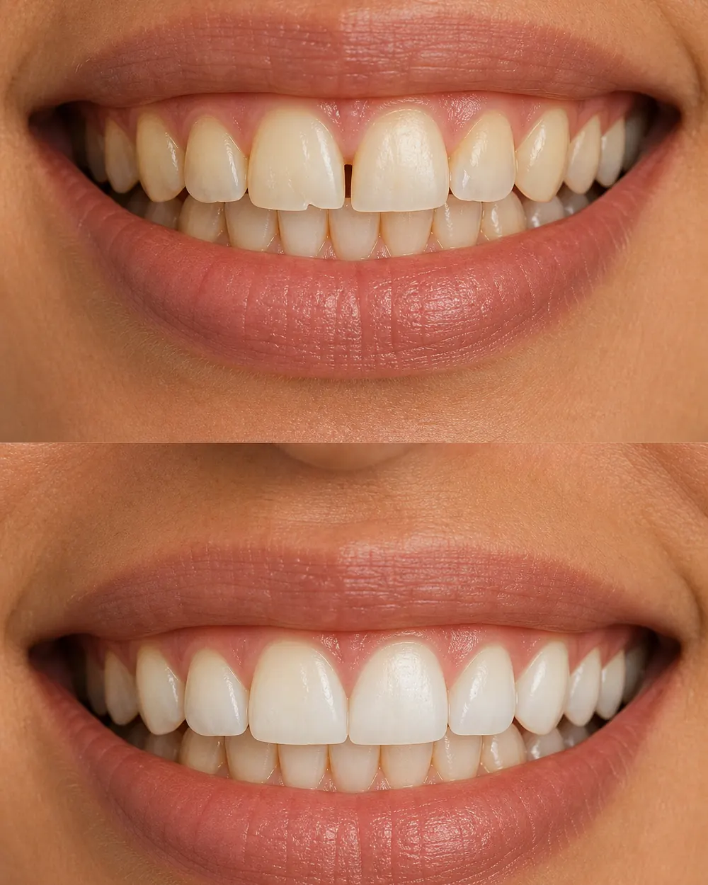 Illustration of stained, chipped and uneven teeth restored with a smile makeover