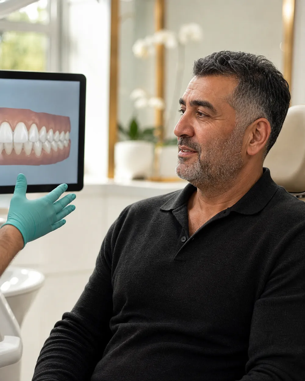 Cosmetic dentist reviewing a digital smile design preview with a patient