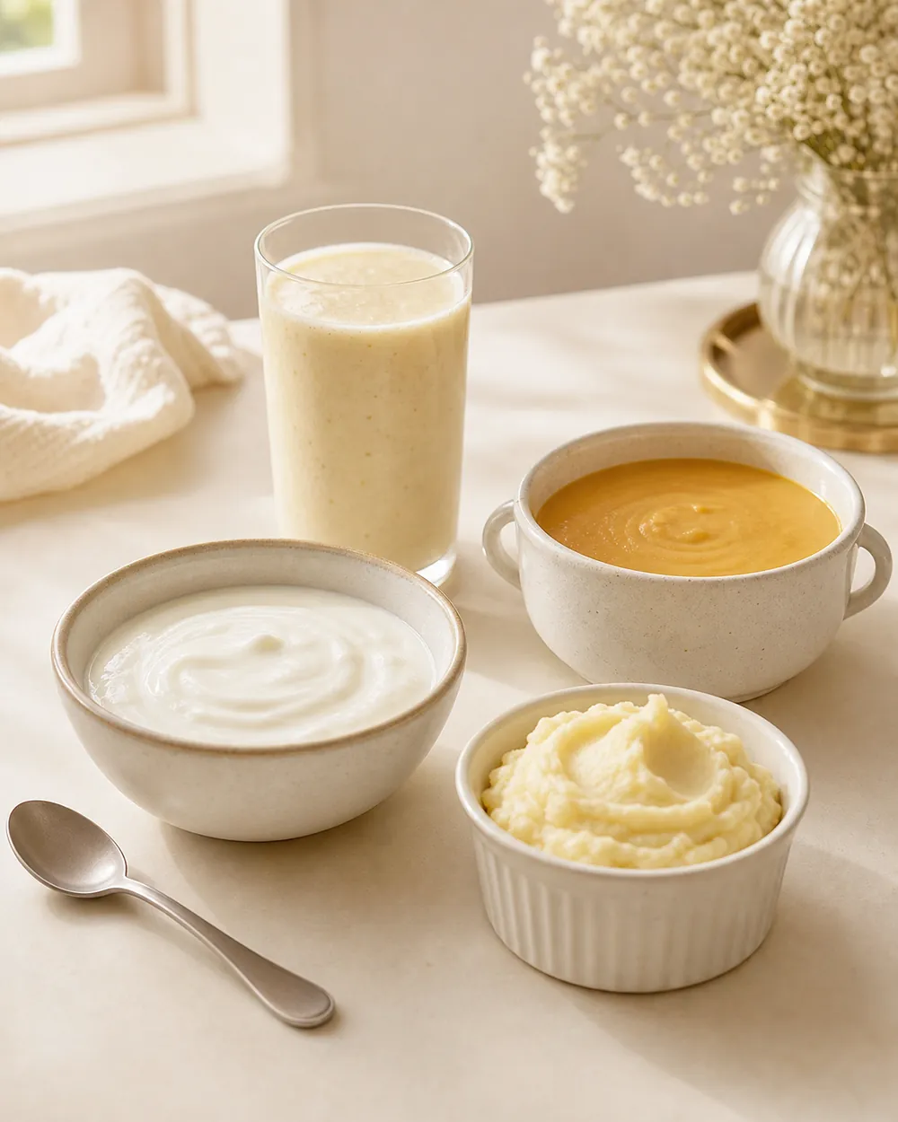 Soft foods like yogurt and smoothies for tooth extraction aftercare