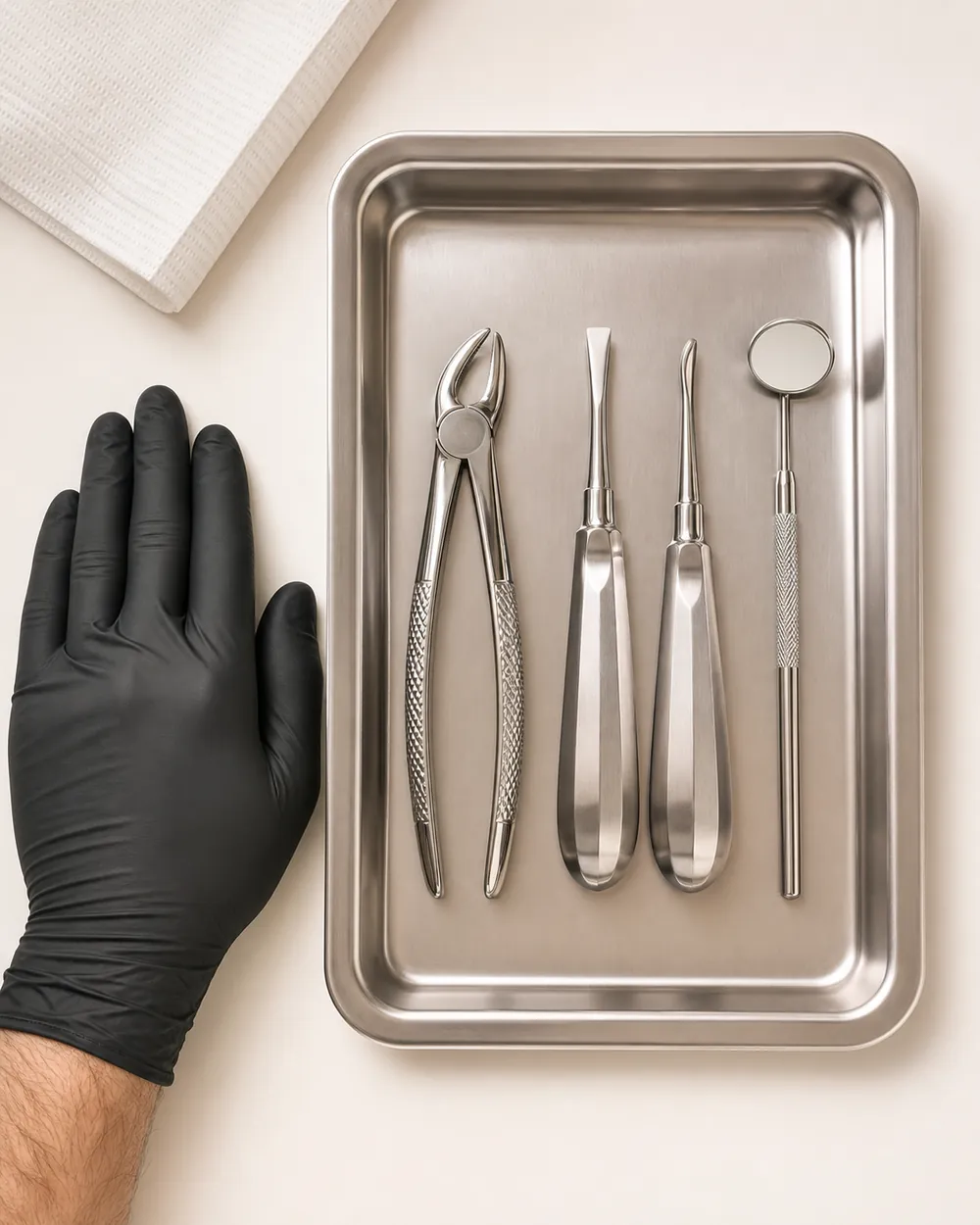 Clean dental instruments used for a gentle tooth extraction
