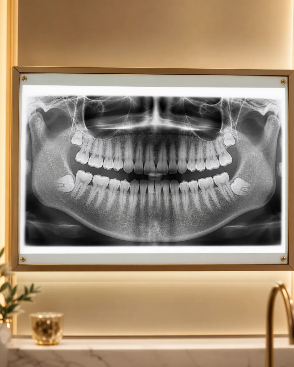 A dental panoramic X-ray showing wisdom teeth before removal