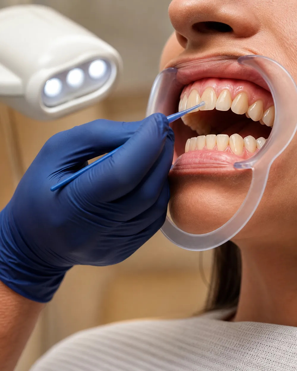 In-office Zoom teeth whitening being applied with a whitening light